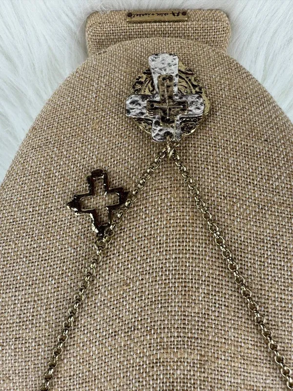 Long Gold Tone Cross Statement Pendant Necklace Double Cross Charm - Image 6