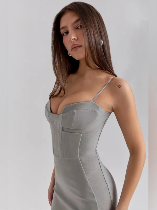 House of CB KIKI Light Grey Mesh Panelled Bodycon Midi Dress L - Image 3