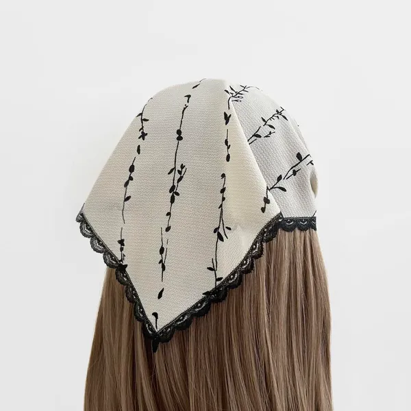 Handmade Cream Beige Chiffon And Floral Lace Triangle Headband - Image 2
