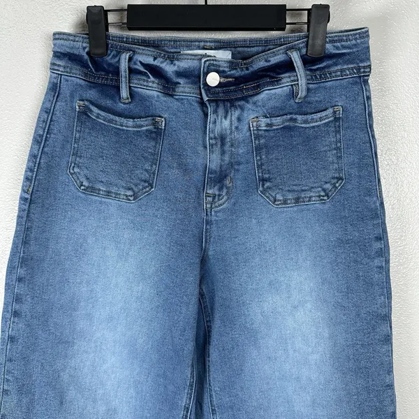 Mica Denim Jeans Size 29 Wide Leg Crop Raw Hem Patch Pockets Medium Wash Stretch - Image 2