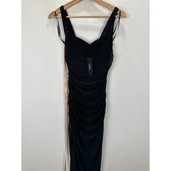 Lulus Amazing Presence Black Mesh Ruched Column Maxi Dress Long Formal Small NWT - Image 6