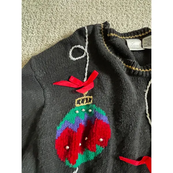 Laura Gayle Christmas Sweater XL Black Embroidered Ornaments Holiday 90s Vintage - Image 7