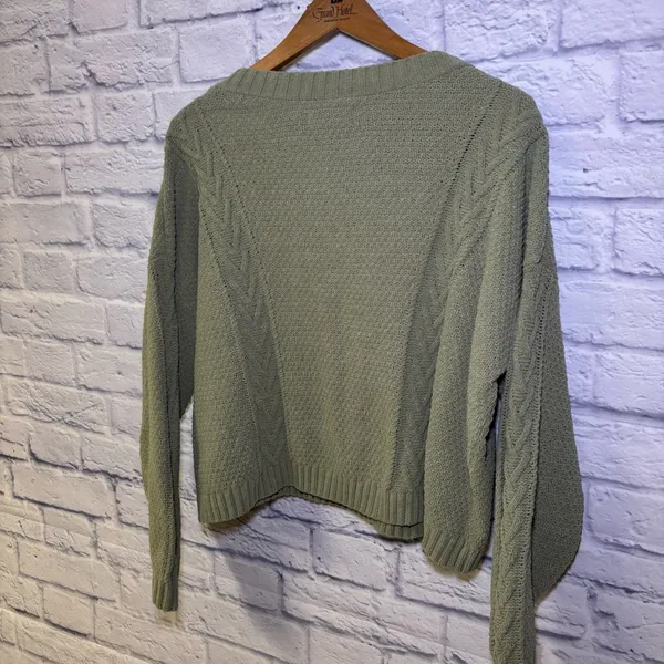 Hollister Women's Green Large V-Neck Cable-Knit Cardigan Hipster Teenager - Image 11