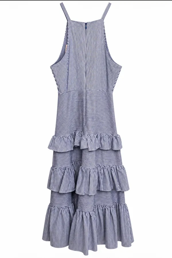 Just Me Blue Striped Tiered Ruffle Halter Midi Dress - Image 5