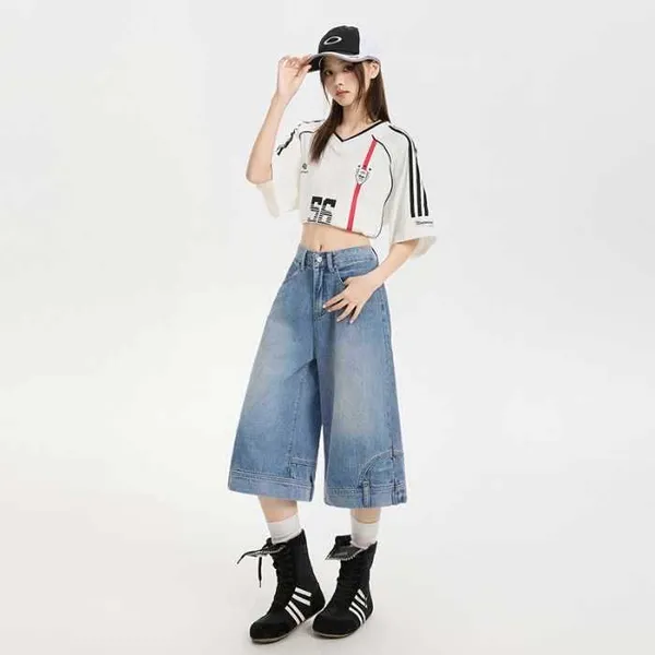 Women’s Wide Leg Baggy Denim Shorts Y2K Streetwear Vintage Washed Jean Bermuda - Image 2