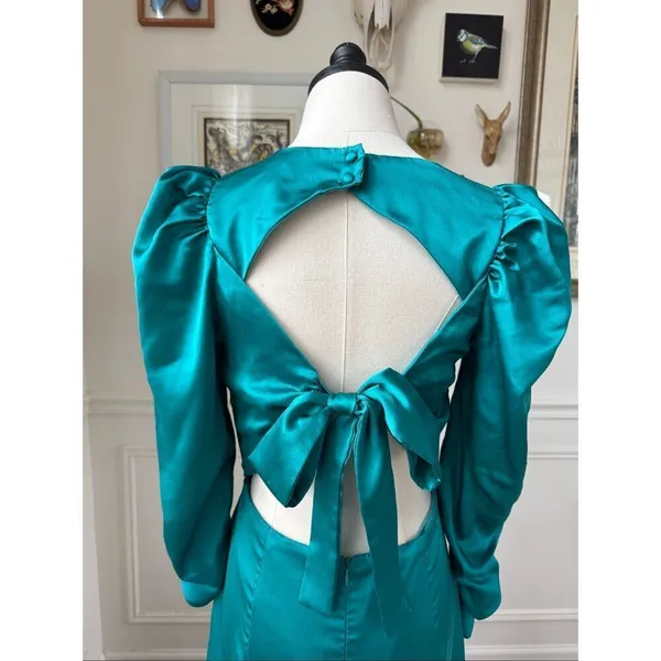 Do + Be Bow Tie Dress Teal Green Satin Mutton Sleeve Midi M - Image 7
