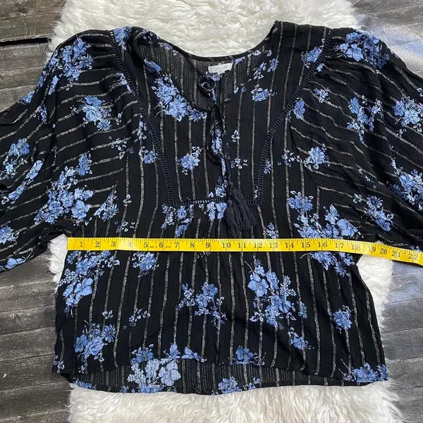 Maurices Black Blue Floral Stripes Print Quarter Sleeve Flowy Blouse Boho Rodeo - Image 7
