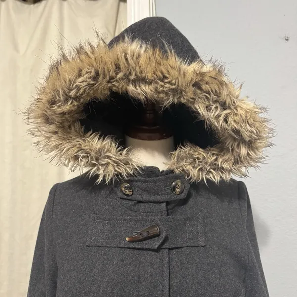Anthropologie Elevenses Deep Woods Toggle Coat Wool Blend Faux Fur Gray size 10‎ - Image 4