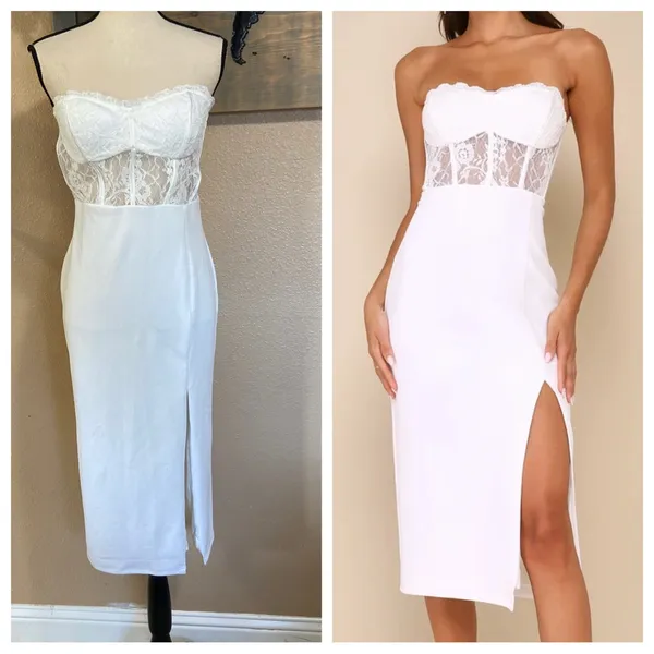 NWOT Lulus Exquisitely Sultry White Lace Strapless Bustier Midi Dress - Image 2