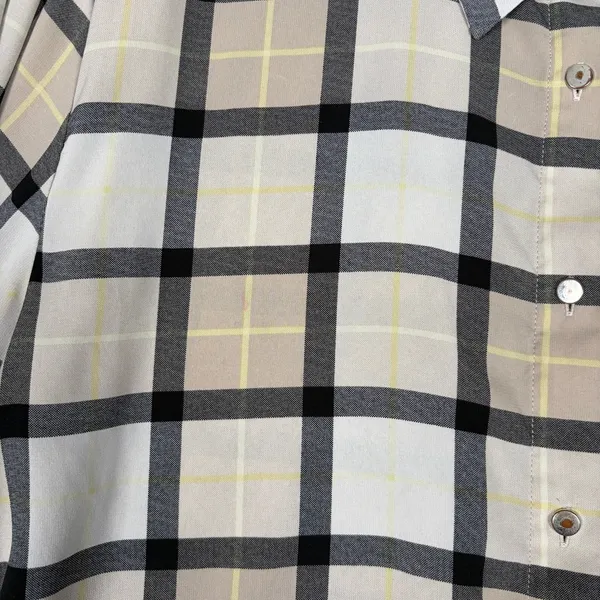 Calvin Klein Plaid Button-Up Blouse Women's M Beige Sheer Casual Fall Minimalist - Image 10