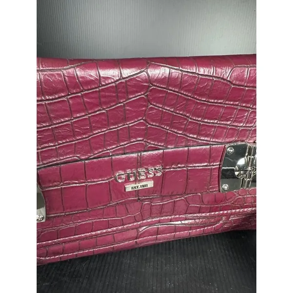 GUESS Handbag Shoulder Bag Y2K Purse Plum Alligator Skin‎ Style Silver Chain - Image 11