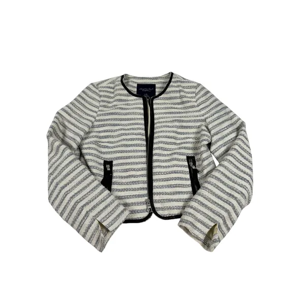 American Eagle Striped Cropped Moto Jacket Cream Navy Blue Faux Leather Trim L - Image 3