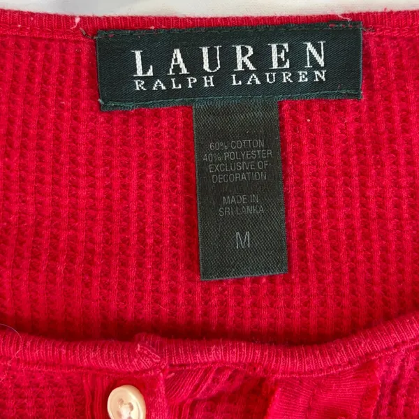 Lauren Ralph Lauren Red Thermal Waffle Knit Ruffle Henley Top Womens Size Medium - Image 5