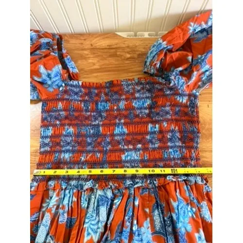 Cara Cara Jazzy Floral Smocked Maxi Dress Puff Sleeve Orange Blue Size Medium - Image 8