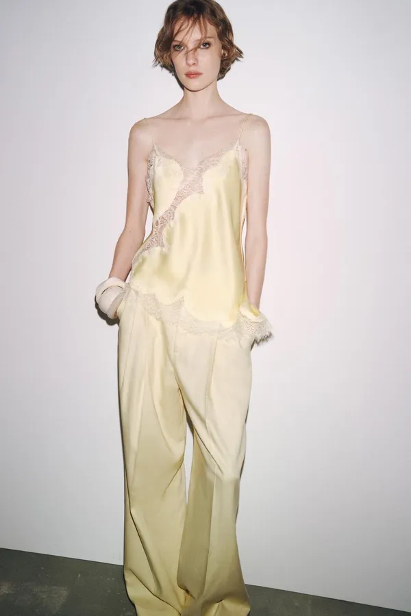 Zara Lace-Trim Satin Cami Top in Pale Butter Yellow - Image 3