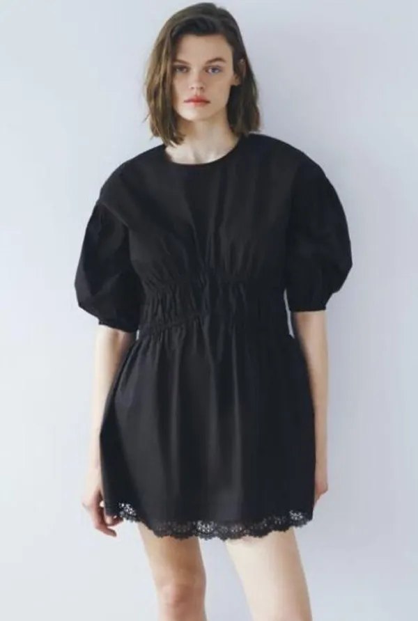 Zara Mini DRESS W/ MATCHING LACE TRIM BALOON SLEEVES Black Size XS NEW - Image 7