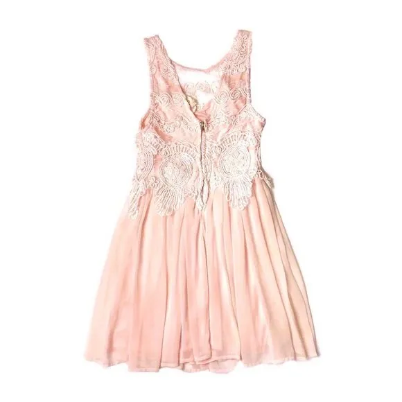 VTG Y2K L'atiste Romantic Boho Crochet Lace Pleated Mini Dress Sleeveless Pink S - Image 3