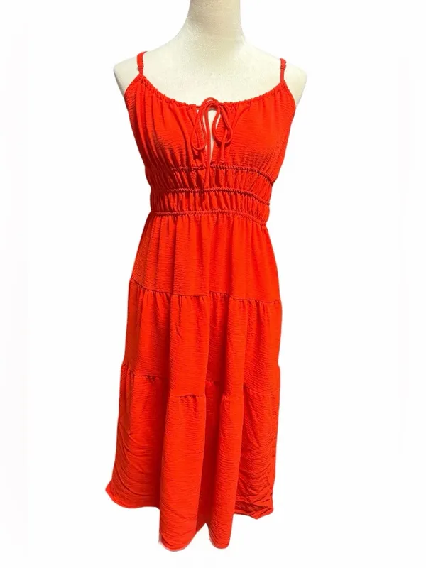 Monteau Los Angeles Smocked Waist Tiered Midi Dress in Bright Red Sz L - Image 2