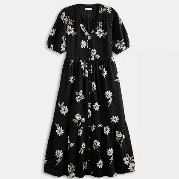 Soma XS Gaux Long maxi dress floral black button down Puff Sleeve 100% Cotton - Image 2