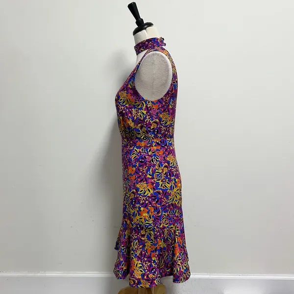 Saloni Blue Purple Floral Sleeveless Plunging V Neck Choker Neck Fleur Dress 8 - Image 3