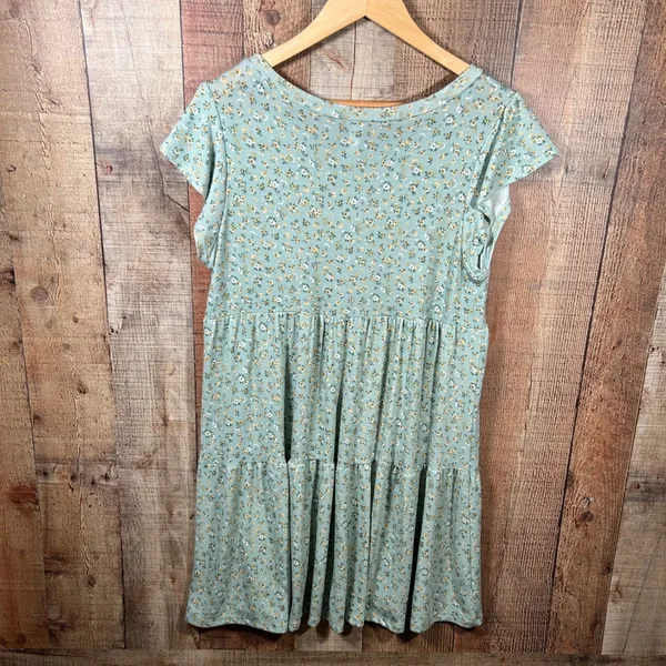 Honeyme Sage Green Ditsy Floral Knit Tiered Babydoll Mini Dress Small Flutter - Image 6