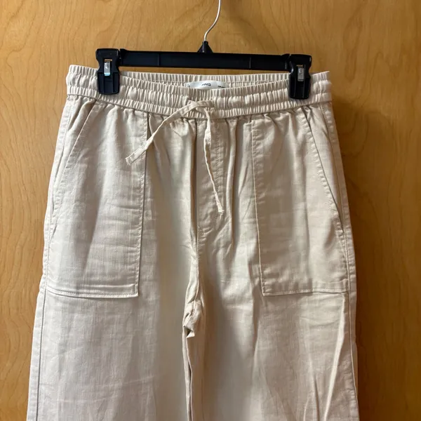 MNG Mango Wide Leg Pants Women Size S Beige Cotton Drawstring Utility Trousers - Image 2