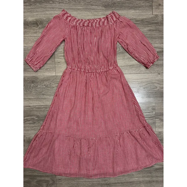 Old Navy Cotton Blend Dress S Red Gingham Smocked Off Shoulder Tiered Midi Dress - Image 14