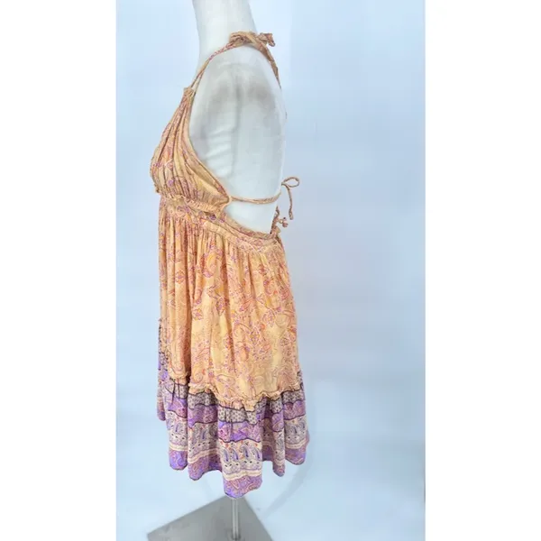 R Vivimos Halter V Neck Mini‎ Ruffle Dress Sz Medium Yellow Floral Boho Festival - Image 5