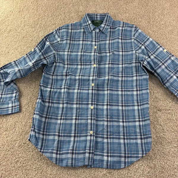 Lauren Ralph‎ Lauren Linen Plaid Shirt Womens S Blue Long Sleeve Button Preppy - Image 10