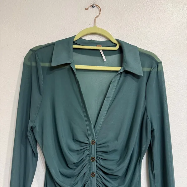 Free People Teal Sheer Mesh Ruched Button Front Long Sleeve Top Sz M - Image 3