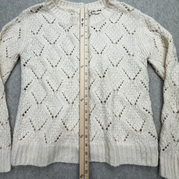 Pointelle Sweater Womens XS Cream Boho Cottagecore Grandma Coquette Crochet - Image 9
