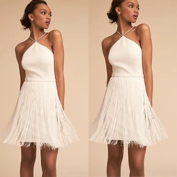 Aidan Mattox Ivory Fringe Halter Dress Party Cocktail‎ Mini Sleeveless Size 14 - Image 2