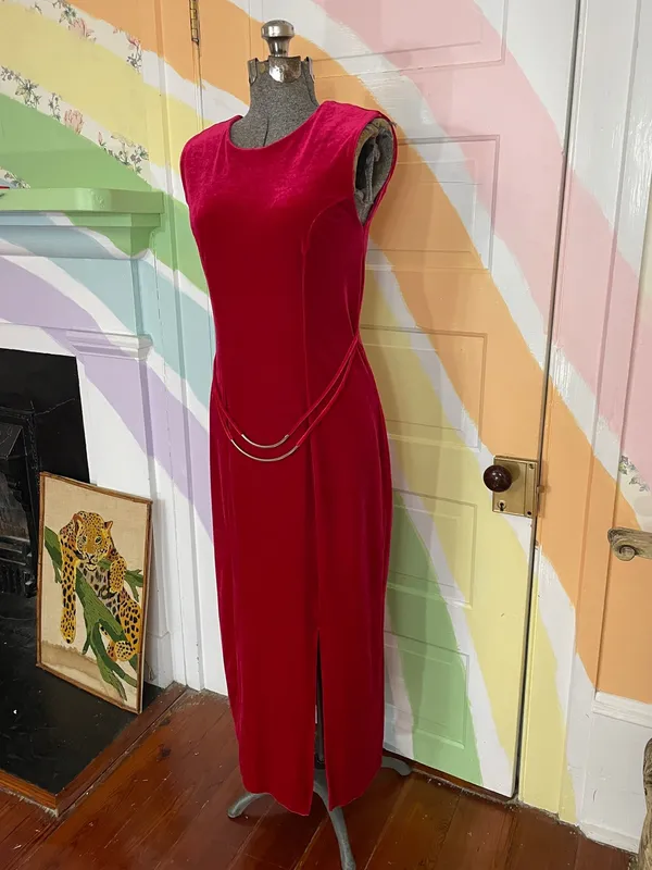 Vintage Giorgio Fiorlini Red Velvet Maxi Dress Silver Waist Detail Sz 5/6 💚🎀 - Image 5