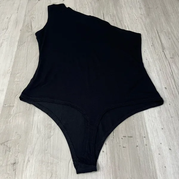 Flounce Club London Basic Plain One Shoulder Black Thong Bodysuit Sleeveless 6 - Image 5