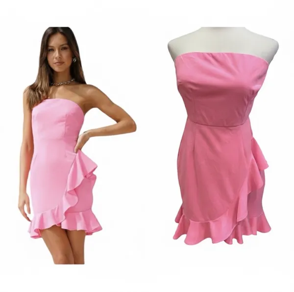 Hello Molly Bright Pink Strapless Mini Dress Ruffle M 6 Party Date Night - Image 2
