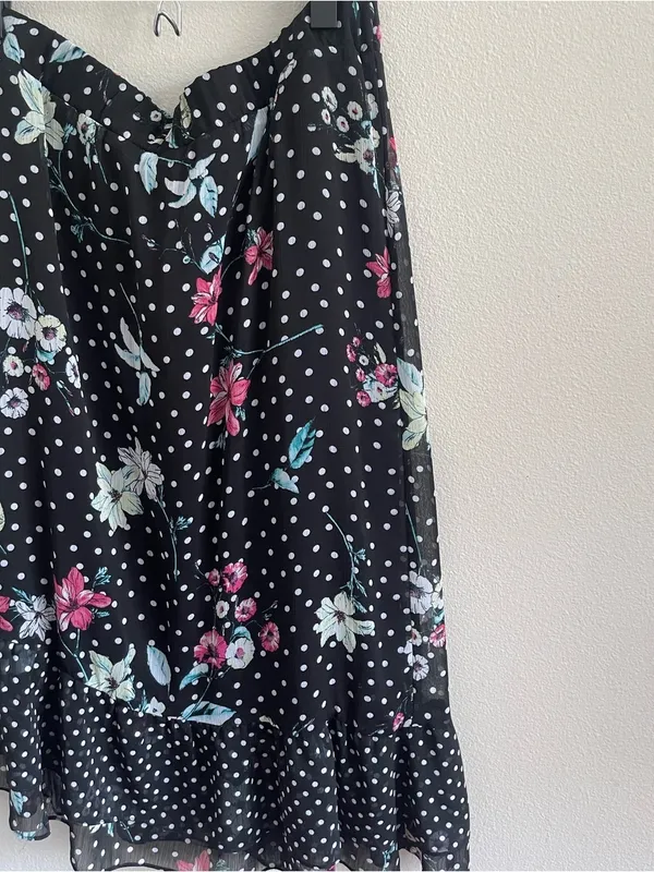 Floral Polka Dot Midi Skirt - Black with Pink & Mint Flowers Size XL - Image 5