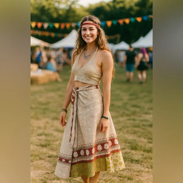 Silk Bohemian Boho Cream Silk Wrap Sari Fabric Indian A-Line Skirt S - Image 8