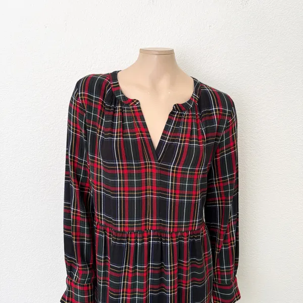 [LOFT] Plaid Split Neck Tiered Long Sleeve Flannel Mini Dress Relaxed Sz Large L - Image 4