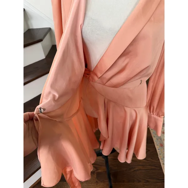 Mac Duggal Warm Pink Satin Blouson Sleeve Ruffle Midi Wrap Cocktail Party Dress - Image 5