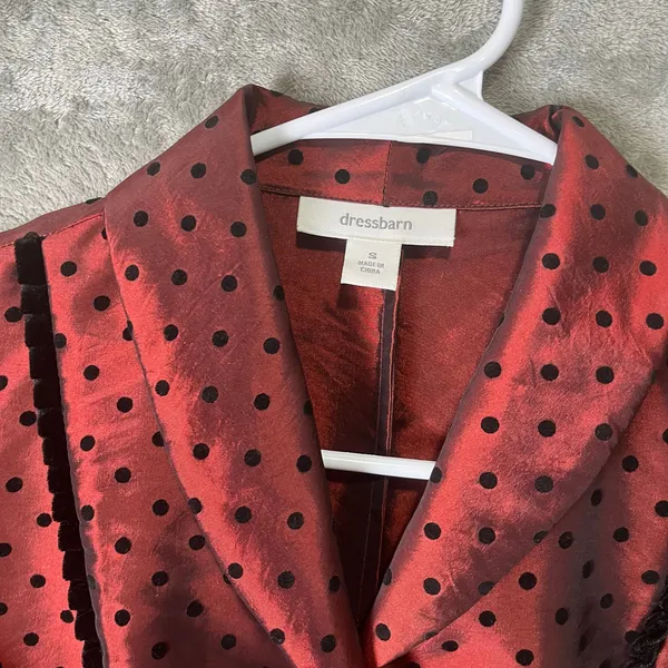 Vintage Whimsigoth Dark Romance Red‎ Satin Polka Dot Belted Blouse Structured SM - Image 8