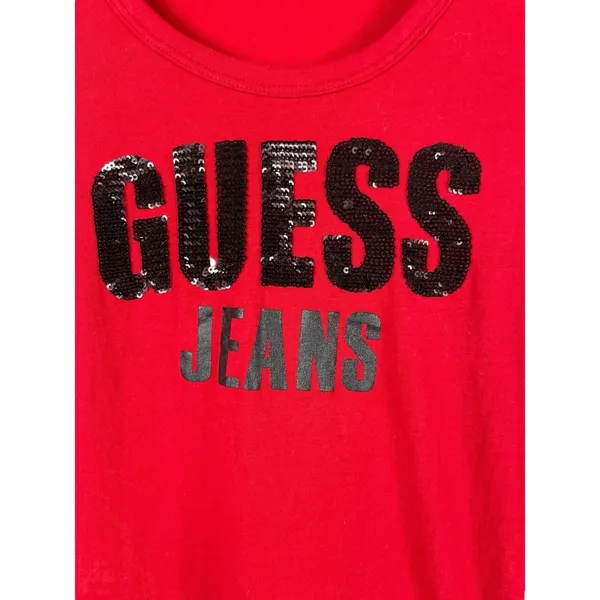 VTG 90s 2000s Y2K Red Cap Sleeve Guess Embellished Beaded Logo Tee Top S - Image 4