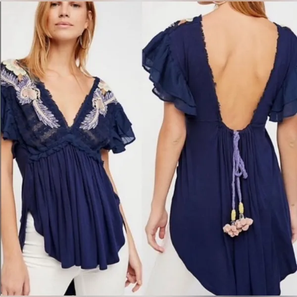 Free People Fiesta Embroidered Navy Top Tuni Sz M - Image 2