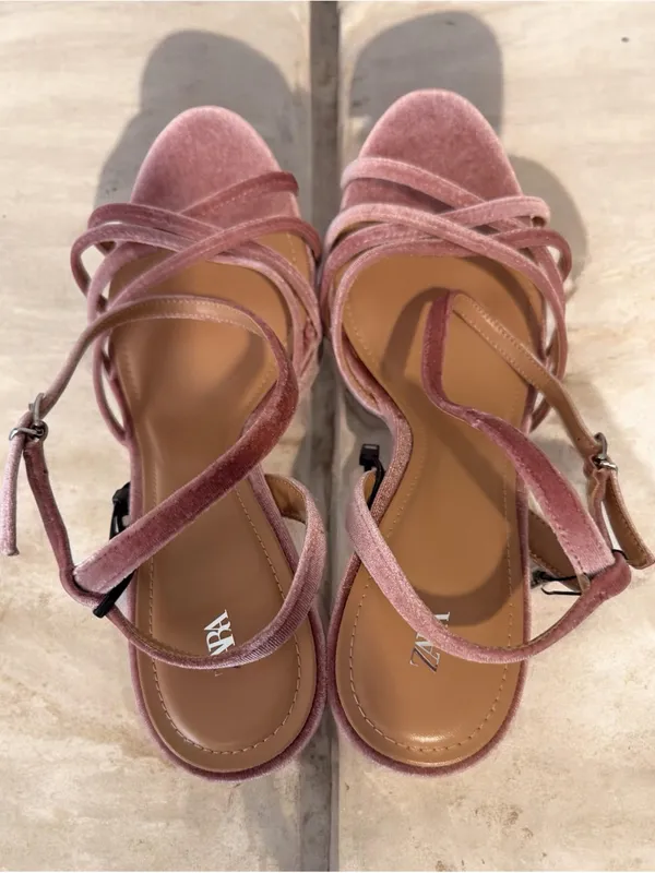 Zara Pink Velvet Platform Block Heel Sandals - Image 11