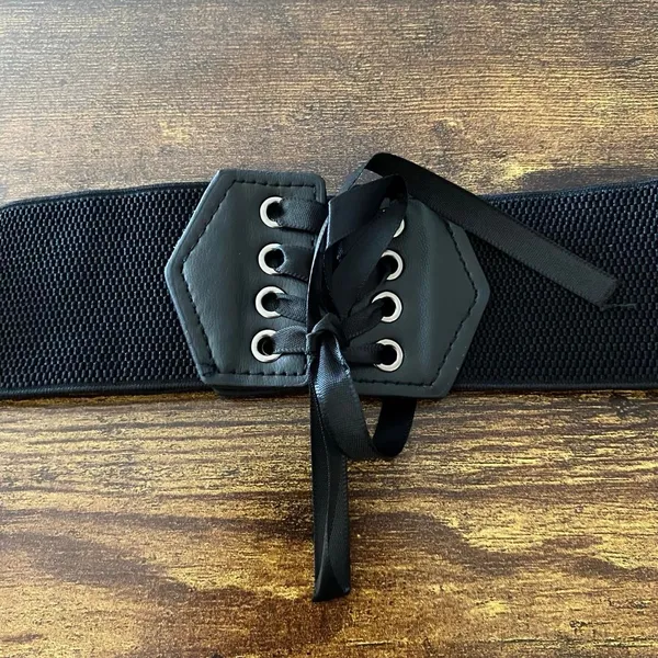 Black Y2K Lace Up Corset Stretch Wide Waist Belt, Fits Up to 27 Inches, X7GA1312 - Image 4