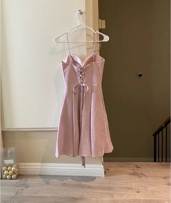 May queen pink glittery A-line mini dress, prom dress - Image 2