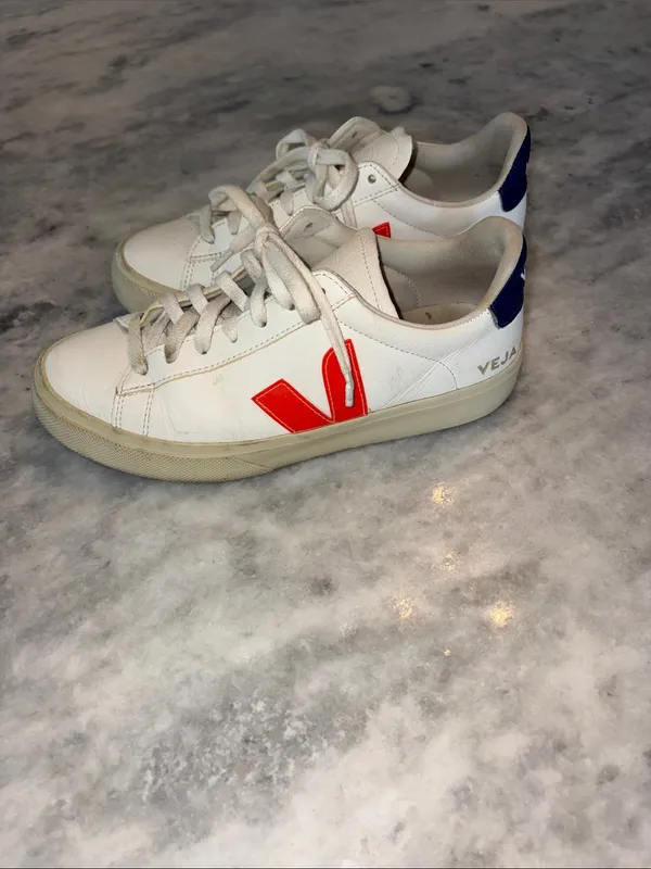 Veja White Leather Sneakers with Red V and Navy Heel - Image 4