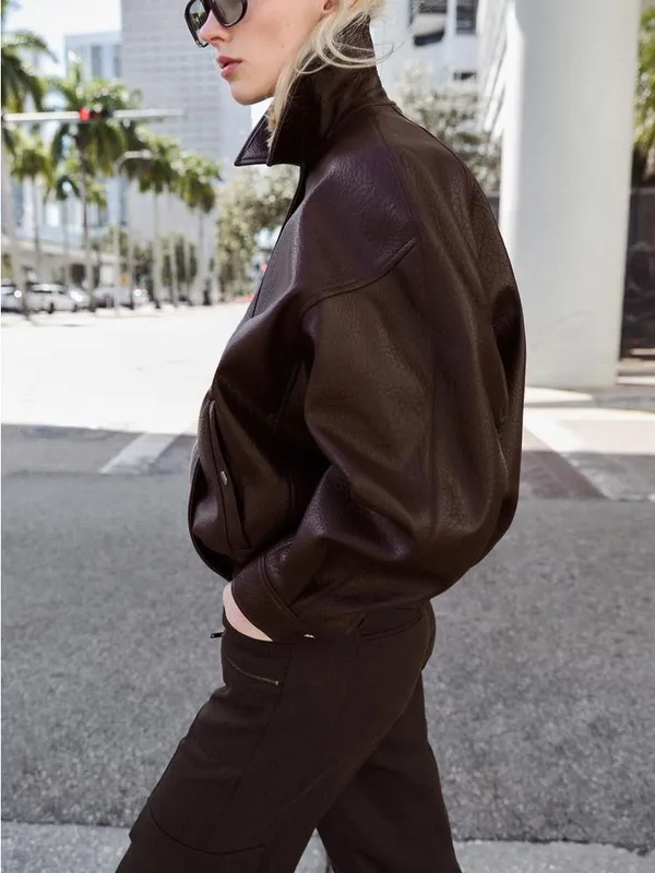 Zara Dark Brown Oversized Faux-Leather Bomber Jacket - Image 4