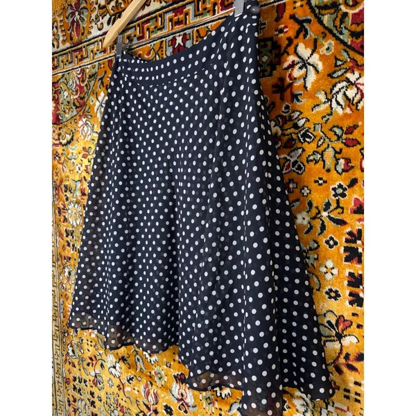 y2K Anne Klein Navy White Polka Dot Chiffon Flared Skirt Sz 8 - Image 3