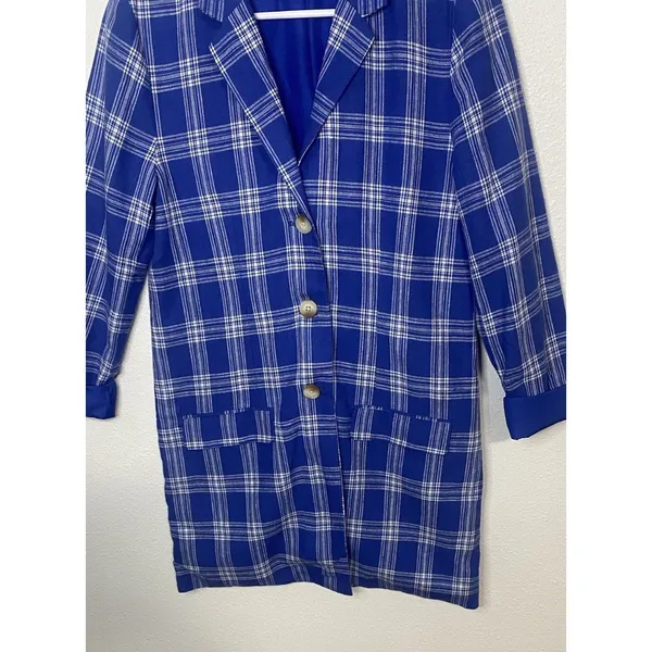 BB Dakota Steve Madden Women's Blue White Plaid Long Blazer Jacket Collared S - Image 11