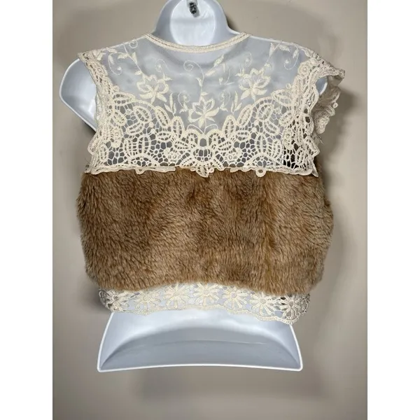 MYSTREE Faux Fur Lace Vest Shrug Brown Cream Boho Hippie Festival Size Small‎ - Image 3